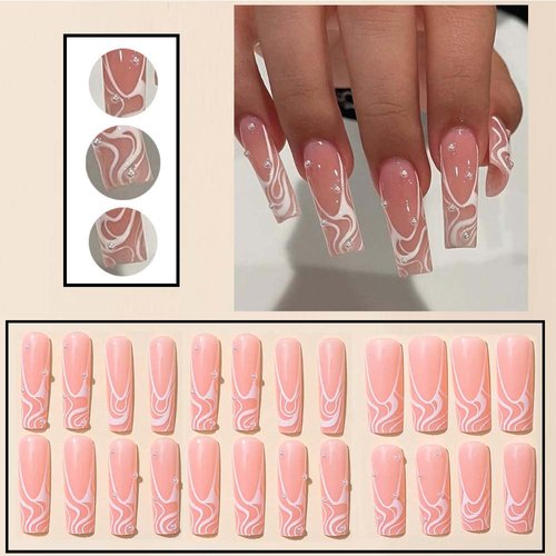 ANDGING White Press on Nails Long Coffin, French Tip Fake Nails for Women with Nude Pink Pearl Design, Acrylic Glue on Nails Cute False Nails, Full Cover Stick on Nails for Wedding Birthday 24Pcs