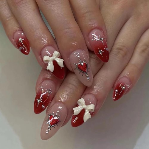 BABALAL Almond Press on Nails Medium Fake Nails Pink Glue on Nails 3d Bow Design Y2k Sliver Heart 24Pcs Stiletto Valentine's Day Cute Stick on False Nails for Women and Girls