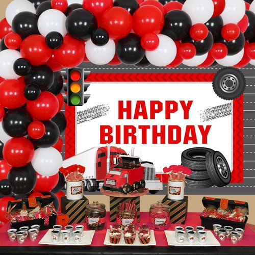 Wonmelody Construction Truck Birthday Party Decorations Semi Truck Happy Birthday for Boy and Girl Truck Balloons Garland Truck Theme Birthday Party Supplies 1st, 2nd, 3rd