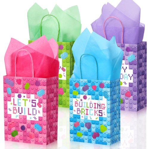PerKoop 24 Pieces Building Block Party Favor Bags, Bricks Candy Treat Paper Bags, Party Gift Goodie Bags with Handle for Girls Building Block Birthday Party Baby Shower Decoration Supplies (Bright)