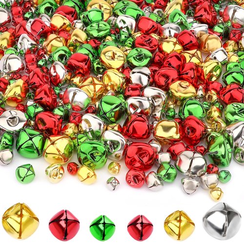 Augshy 240 Pieces Colorful Jingle Bells 4 Colors Mixed Craft Bell Bulk for Christmas Home and Pet Decorations Xmas Decor Party Favors Supplies (0.4/0.6/1 inch)