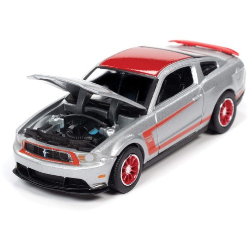 Autoworld 1/64 diecast Model of 2012 Ford Mustang Boss 302 Laguna Seca Ingot Silver Metallic and Red with Red Wheels Ltd Ed 13312 pcs 64262-AWSP046 B