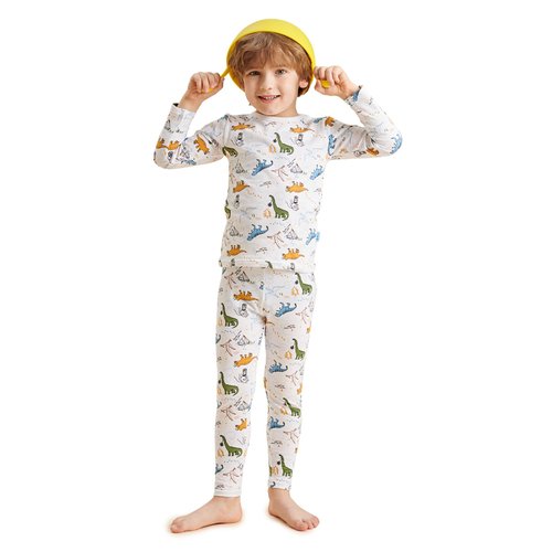 dorsill Little Children Boys' Long-Sleeved Underwear Set White Dinosaur Thermal Underwear Sets 3-14 Kids Base Layer Set (White Dinosaur, 6)