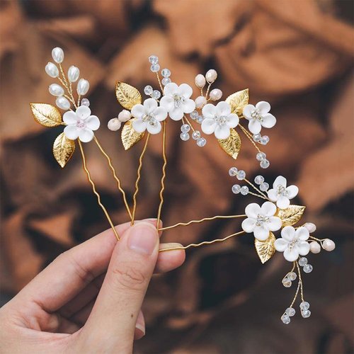 Bridal Headpieces Hair Combs, Handmade Hair Comb Set Flower Pearl Hair Barrettes, Crystal Floral Leaf Hair Clip Hair Accessories for Women Girls Bride Bridesmaid (Type H)