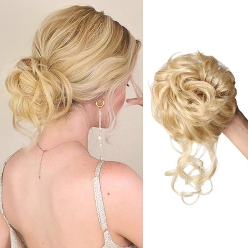 Messy Bun Hair Piece Hair Bun Scrunchies Curly Wavy Synthetic Chignon Ponytail Hair Extensions Elastic Hair Band Hair Pieces Thick Updo Hairpieces for Women (Strawberry Blonde & Bleach Blonde)