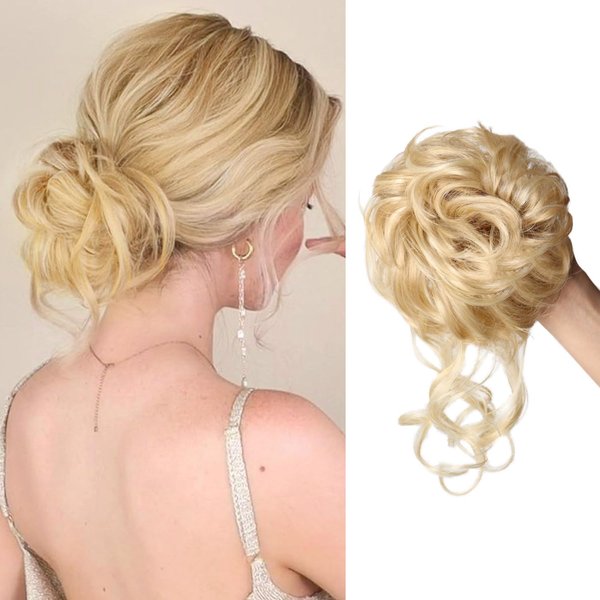 Messy Bun Hair Piece Hair Bun Scrunchies Curly Wavy Synthetic Chignon Ponytail Hair Extensions Elastic Hair Band Hair Pieces Thick Updo Hairpieces for Women (Strawberry Blonde & Bleach Blonde)