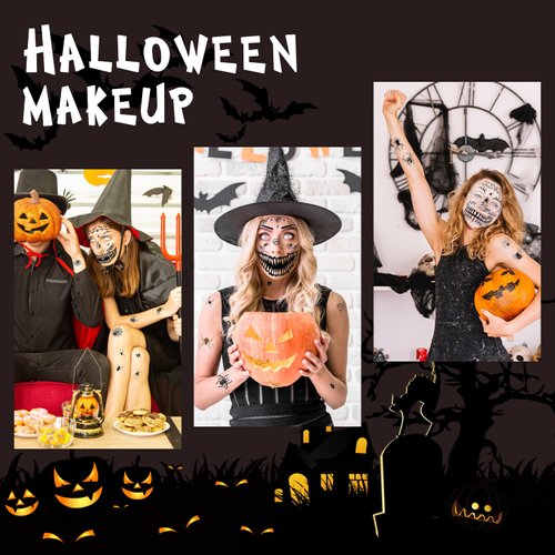 Wugbc Halloween Spider Tattoos Makeup Kit for Adults, 16 Sheets Fake Tattoos Halloween Face Temporary Stickers Scary Skeleton Face Tattoo 3D Spider Web Bat Women Girls Men Costume Masquerade