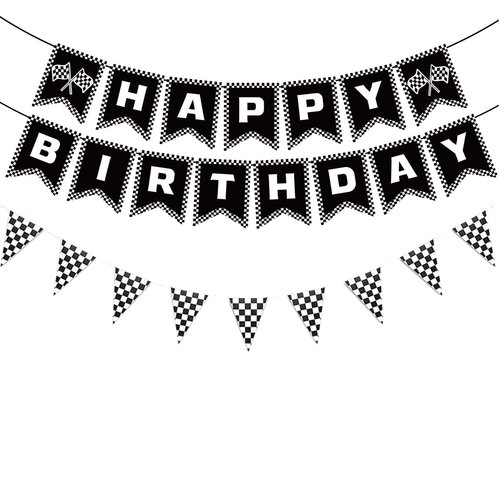 MEETINGU Black and White Checkered Flags and Race Car Happy Birthday Banner, Racing Checkered Flag Banner Race Car Birthday Party Decorations for Kids Boys Birthday Baby Shower Home Decorations