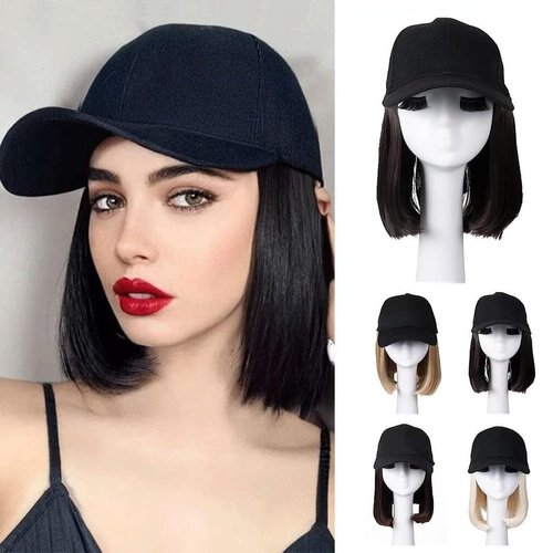HOSYTIS Baseball Cap with Hair Extensions Straight Short Bob Hairstyle Adjustable Removable Wig Hat for Women (14 Inch, Natural Black)