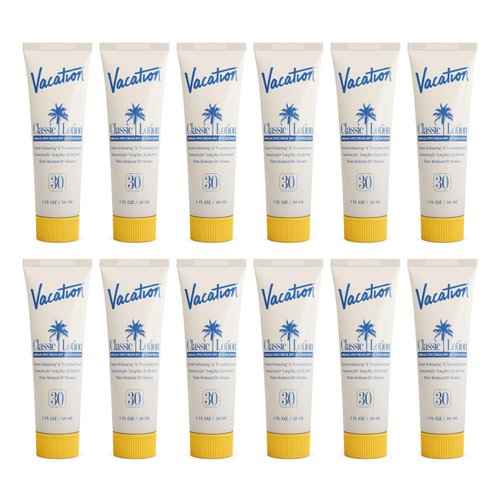 Vacation Mini Classic Lotion SPF 30, Water Resistant, Broad Spectrum Bulk Sunscreen, Travel Size, Bachelorette Party Favors, Beach Essential, 1 fl. oz. (Pack of 12)