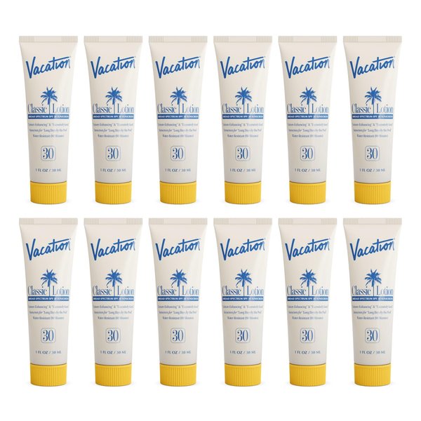 Vacation Mini Classic Lotion SPF 30, Water Resistant, Broad Spectrum Bulk Sunscreen, Travel Size, Bachelorette Party Favors, Beach Essential, 1 fl. oz. (Pack of 12)