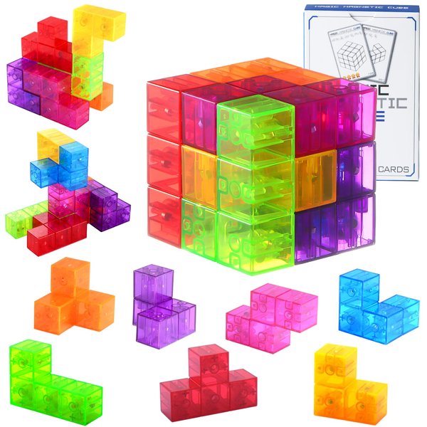 PUPAX Magnetic Building Blocks Stacking 3D Puzzle Cubes, 7 Multi Shapes Magnetic Blocks with 54 Guide Cards, Educational Toys for Toddlers, Montessori Toys for Boys Girls