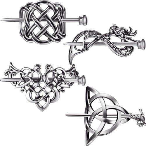 4 Pieces Celtic Hair Pin Viking Jewelry for Women Halloween Cosplay Hair Accessories Celtic Hairpins Celtic Viking Celtics Knots Silver Hair Sticks for Hair Women Girls