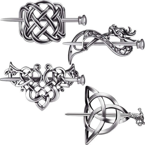 4 Pieces Celtic Hair Pin Viking Jewelry for Women Halloween Cosplay Hair Accessories Celtic Hairpins Celtic Viking Celtics Knots Silver Hair Sticks for Hair Women Girls