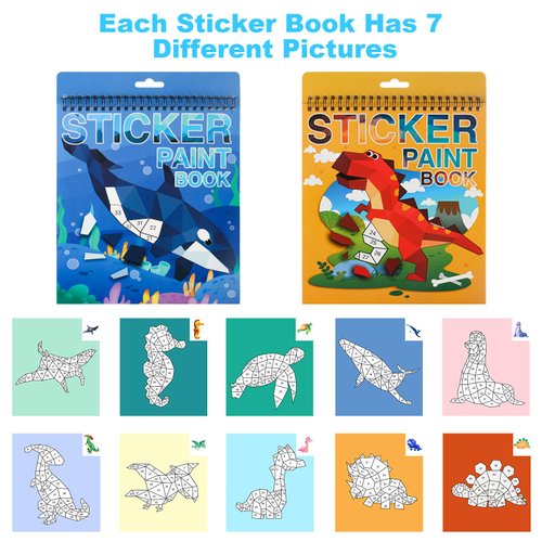 2 Pack Crafts for Kids Ages 4-8 Sticker Paint Books, Sticker Books for Kids Ages 4-8 Boys and Girls Birthday Gifts Party Favor, Travel Activity Book Set for Learning (Dinosaur+Ocean)