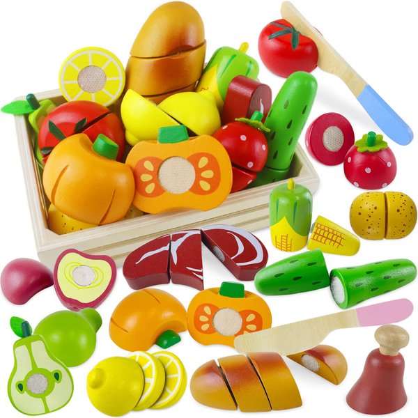 Beberolen Wooden Play Food Sets for Kids Kitchen Toddlers Wood Toys Cutting Fruit Pretend Food Play Kitchen Accessories Set for Boys and Girls