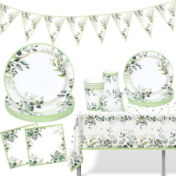 Sage Green Paper Plates Cups And Napkins With Tablecloth & Banner,Baby Shower Plates,Party Tableware For Birthday Decoration Baby Shower Safari Party Supplies