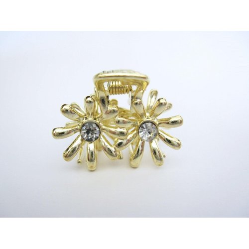 Small shiny gold metal double flower hair claw clip with crystals