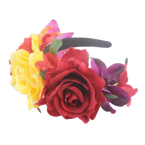QUUPY Mexican Flower Crown Headband Halloween Hairband Rose Flower Crown Headpiece Floral Hair Accessories for Cosplay Carnival Party Beach Vacaton Stage Performances