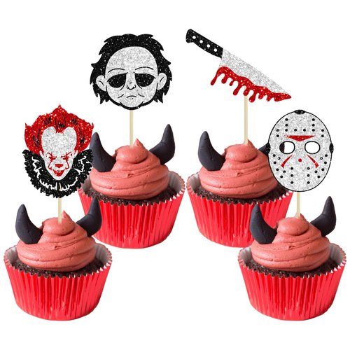 24Pcs Horror Movie Cupcake Toppers Glitter Bloody Knife Killer Birthday Cupcake Pick Decorations for Horror Movie Theme Birthday Halloween Party Cake Decorations Supplies