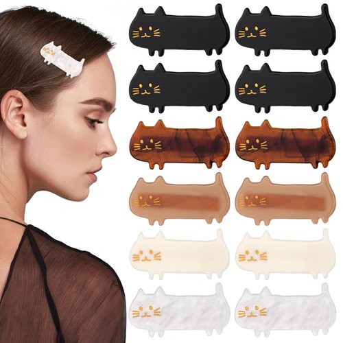 HINZIC 12Pcs 2 inch Cat Hair Clips Cute Small Snap Barrettes Acrylic Resin Sweet Claw Hairpins Accessories for Craft Thick Hair Women Teen Girls Black White Dark-Brown Light-Brown Beige