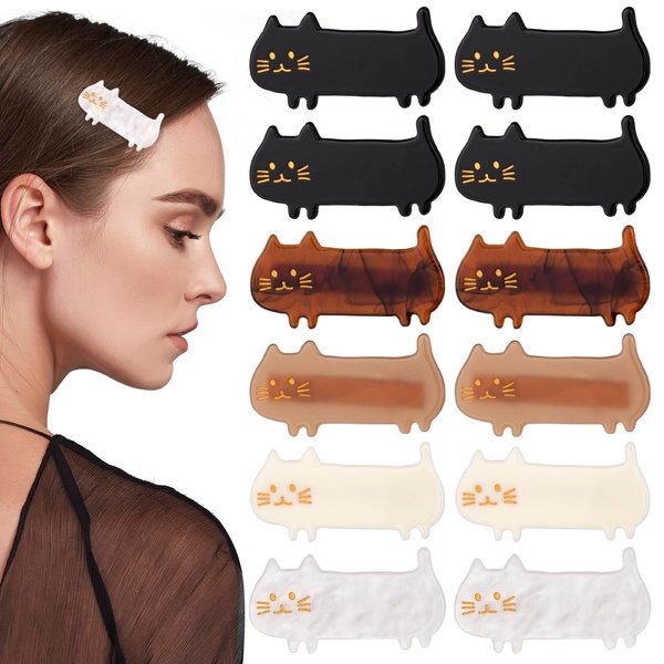 HINZIC 12Pcs 2 inch Cat Hair Clips Cute Small Snap Barrettes Acrylic Resin Sweet Claw Hairpins Accessories for Craft Thick Hair Women Teen Girls Black White Dark-Brown Light-Brown Beige