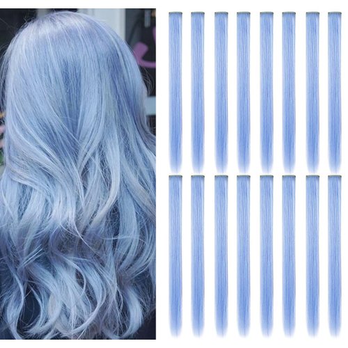 ZHAOWWEI 14 Pcs Princess Hair Extensions Multi-Colors Party Highlights Streak Synthetic Hairpieces Clip-In/Clip On Colored Hair Extensions (Light blue)