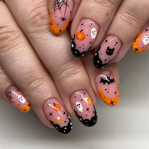 Halloween Press on Nails Short Almond False Nails Pink Fake Nails with Ghost Pumpkin Spider Web Designs Acrylic Nails Full Cover French Tip Stick on Nails for Women Girls 24Pcs