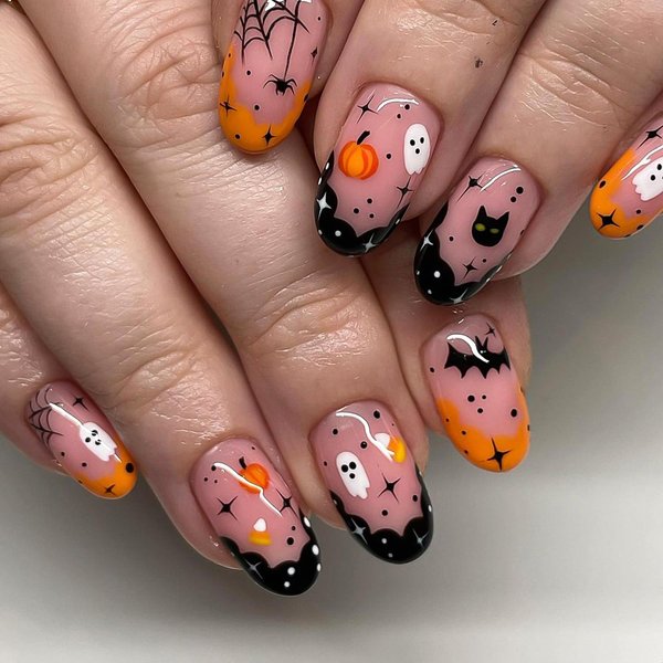 Halloween Press on Nails Short Almond False Nails Pink Fake Nails with Ghost Pumpkin Spider Web Designs Acrylic Nails Full Cover French Tip Stick on Nails for Women Girls 24Pcs