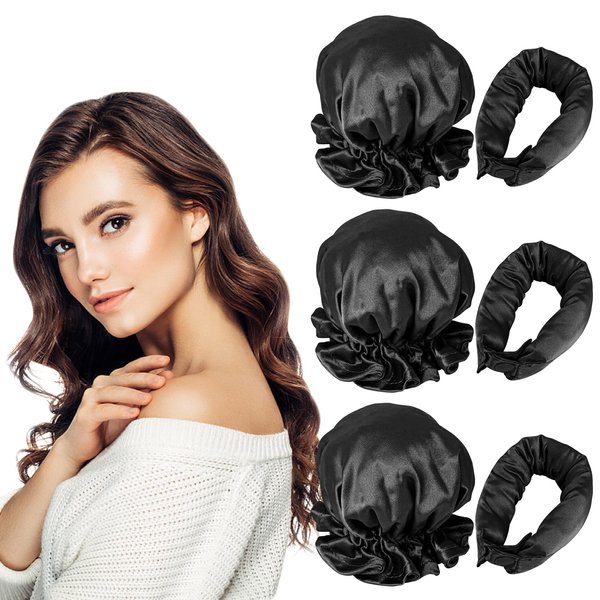 Kaiersi New Satin Heatless Hair Curler 6 Pcs Sleep Hair Curling Tool for Women 3 Set Soft Silk Heatless Curling Hair Rollers with Cap No Heat Curling Headband for All Hair Types(Black)