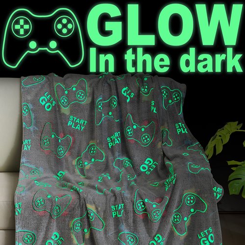 Jekeno Glow in The Dark Gaming Blanket Gamer Game Controller Throw Gift Toys for Kids Boys Teen Son Adult Gamepad Presents Easter Birthday Christmas Bedroom Decor Luminous Blanket Grey 50"x60"
