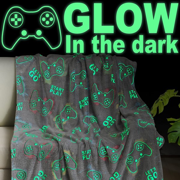 Jekeno Glow in The Dark Gaming Blanket Gamer Game Controller Throw Gift Toys for Kids Boys Teen Son Adult Gamepad Presents Easter Birthday Christmas Bedroom Decor Luminous Blanket Grey 50"x60"