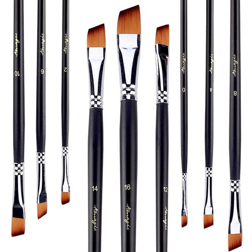 Amagic 9Pcs Angled Flat Tipped Art Paintbrush Set with Storage Container - Anti-Shedding Synthetic Nylon with Long Handle - Paint Brush for Watercolor, Acrylics, Ink, Gouache, Oil, Tempera