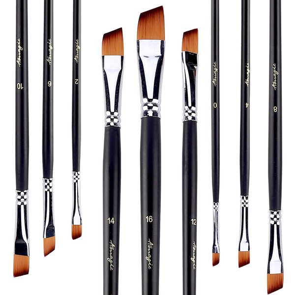 Amagic 9Pcs Angled Flat Tipped Art Paintbrush Set with Storage Container - Anti-Shedding Synthetic Nylon with Long Handle - Paint Brush for Watercolor, Acrylics, Ink, Gouache, Oil, Tempera