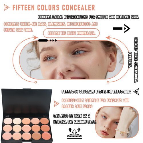 15 Colors Concealer Makeup Palette,Color Corrector Cream Contour Makeup Palette,Full Coverage Face Contouring Foundation,Color Correcting Concealer Palette with Foundation Brush