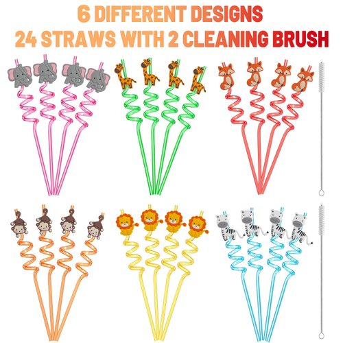 24 Reusable Jungle Safari Animals Plastic Straws for Lion Zebra Fox Monkey Giraffe Elephant Woodland Forest Zoo Animal Party Favors Supplies with Cleaning Brush Toy for Kids Boys Girls Friends