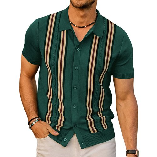 PJ PAUL JONES Mens Retro Striped Polo Shirt Short Sleeve Button Down Knitted Shirts Green XL
