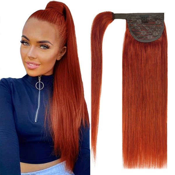 FAAAL 20" Ponytail Extension Human Hair #350 Copper Red Clip in Ponytail Hair Extension 95g Straight Remy Human Hair Wrap Around Ponytail for Women