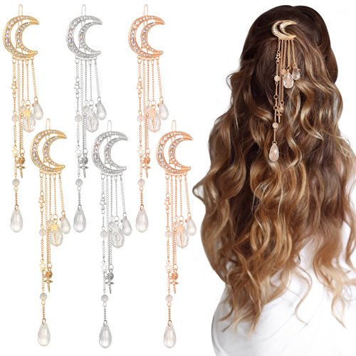 6 Pcs Crystal Rhinestone Dangle Hairpins with Moon, Star, and Tassel Charms - Hair Accessories, Barrettes, Hair Clips with Crystal Beads for Women, Girls, Bridal in Silver, Gold, Rose Gold