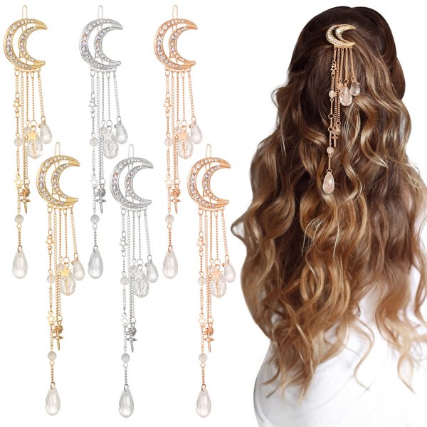 6 Pcs Crystal Rhinestone Dangle Hairpins with Moon, Star, and Tassel Charms - Hair Accessories, Barrettes, Hair Clips with Crystal Beads for Women, Girls, Bridal in Silver, Gold, Rose Gold