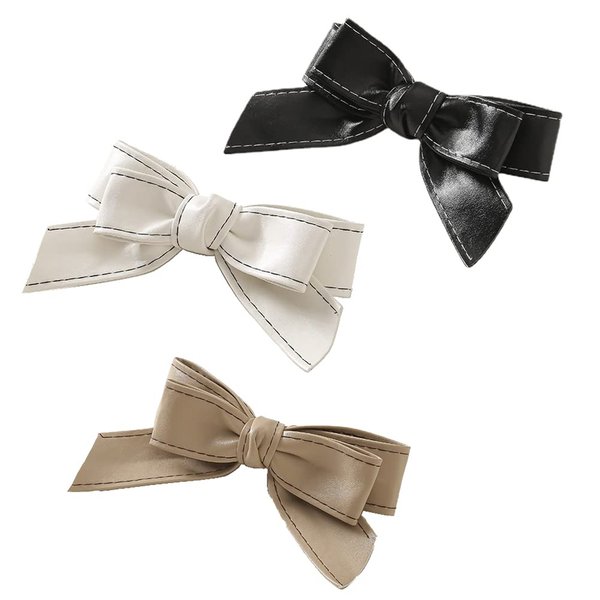 3 Pieces PU-leather Hair Bow Clip Bow Hair Clips Bow Hair Barrettes Handmade Knot Bow Barrettes Hair Pin Hair Bows Barrette Hair Accessories for Women, Black, White, Light-Coffee