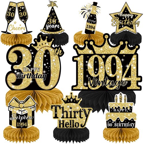 9Pcs Black Gold 30th Birthday Decorations Honeycomb Centerpieces for Men Women,Vintage 1994 Aged Birthday Table Sign Decor,1994 Aged to Perfection Tables Toppers