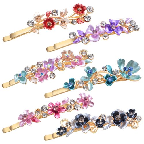 6 Pieces Rhinestone Flower Hair Pins French Vintage Metal Decorative Hairpins Barrette Bobby Pins Colorful Floral Design Hair Clips Hair Decorative Accessories for Women
