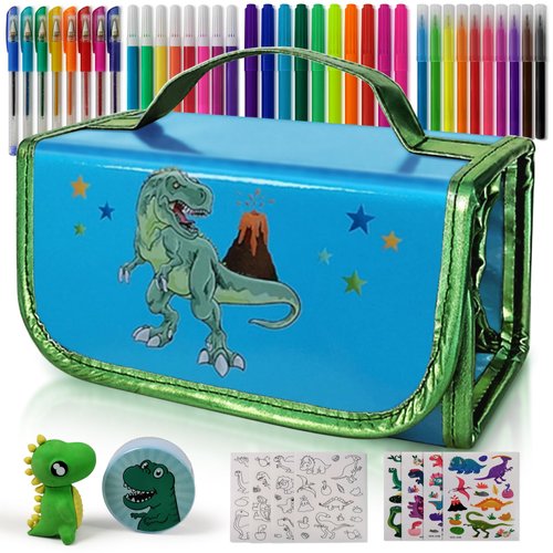 NUMI'SMILE Dinosaur Pencil Case with Fruit Scented Markers Art Set, Dinosaur Gifts for Boys Ages 3 4 5 6 7 8 9 Years and Up, Dinosaur Toys, Dino Coloring Art Supplies, Birthday Boy Present & Kids