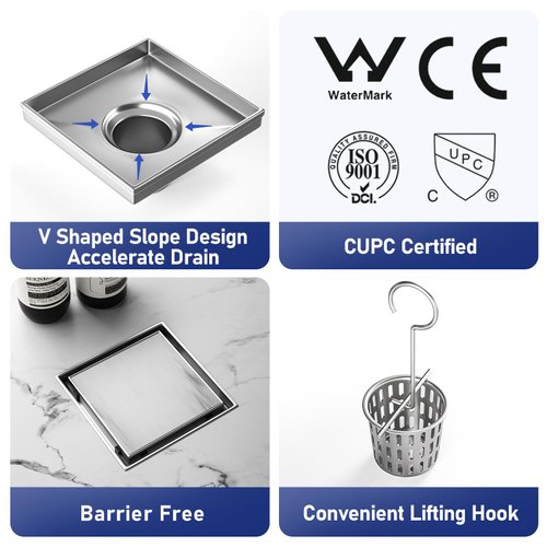 Bernkot Square Shower Drain 6", Brushed Floor Drain with Tiled Insert Grate & Hair Strainer, 304 Stainless Steel Bathroom 2-in-1 Tiled in Drain, CUPC Certified (Brushed, 6'')