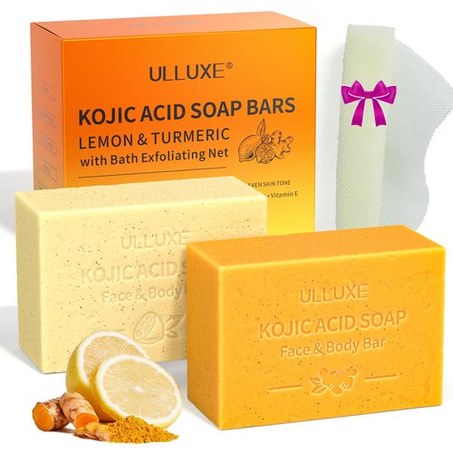 Kojic Acid Soap Bars for Face Body Dark Spots, Exfoliating, Moisturizing, Lemon and Turmeric Bar Soap Infused with Hyaluronic Acid, Collagen, Vitamin C, E, African Bath Sponge (2 Pack x 5 Oz Each)