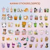 Primo Lines Kawaii Pencil Case and Complete 61 PCS Pink Stationary Set with Pop Up Cute Boba Case, 8 Pens, 50 Bubble Tea Stickers, Multi Color Pen For School Supplies