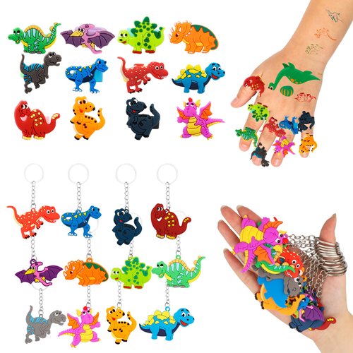 Aoocoeo 108Pcs Dinosaur Party Favors for Kids Dinosaur Party Supplies, Dinosaur Goodie Bags Fillers, Dinosaur Birthday Party Favors Included Slap Bracelet Sticker Ring Keychains Stamps