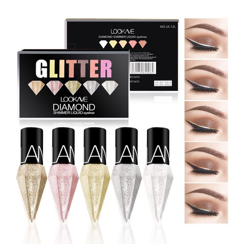 LAMUSELAND 5 Colors/Pack Glitter Liquid Eyeliner Set, Metallic Shimmer Pigment Liquid Eye Liner Pen, Diamond Waterproof Long Lasting Colorful Eyeshadow Makeup Set for Women Girls