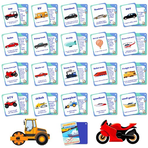 46PCS Transports Cognition Flash Cards for Kids,Cognitive Flash Cards for Cars Truck Vehicle Airplane, Waterproof Learning Flashcards for 3+ Years